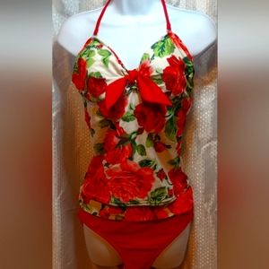 Isaac Mitzrahi 2 Piece Swimwear, Tankini and Bottoms, Floral, Red, Swimsuit